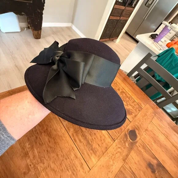 ERIC JAVITS Lily J Black Wide Brim Wool Hat w/ Satin Wrap  display picture 1